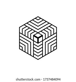 Striped hexagon in black and white, monochrome isometric cube