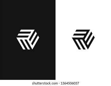 Striped hexagon in monochrome isometric cube. Unusual elements group. Vector logo design template in linear simple style - emblem and illustration for technology and app development.