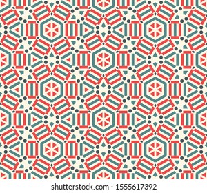 Striped hexagon, rhombus, triangle, dot seamless pattern. Linear geometric background. Vector illustration.       