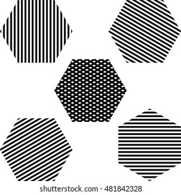 Striped hexagon set, the lines located at different angles vector illustration for print or website design