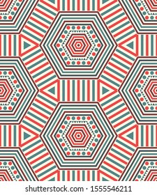 Striped hexagon, triangle, dot seamless pattern. Linear geometric background. Vector illustration.     