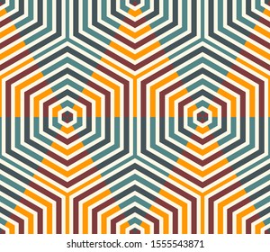 Striped hexagon, triangle, rhombus seamless pattern. Linear geometric background. Vector illustration.     