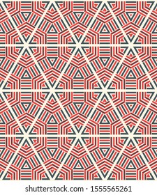 Striped hexagon, triangle, rhombus, star seamless pattern. Linear geometric background. Vector illustration.     