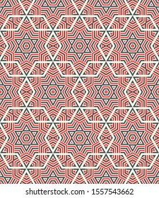 Striped hexagon, triangle, rhombus, star seamless pattern. Linear geometric background. Vector illustration.      