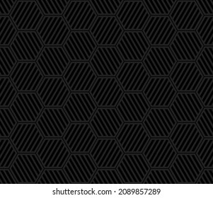 striped hexagons. black repetitive background. vector seamless pattern. fabric swatch. wrapping paper. continuous print. geometric design element for home decor, apparel, textile, cloth