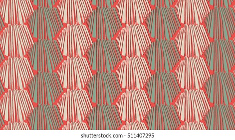 Striped hexagons green on orange.Hand drawn with ink  seamless background.Creative hand made brushed design.Hand sketched geometric reaping design for fashion textile fabric.