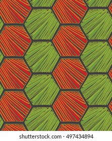Striped hexagons red green.Hand drawn with ink  seamless background.Creative hand made brushed design.Hand scketched geometric reapiting design for fasion trxtil tabric.