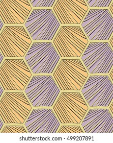 Striped hexagons yellow gray.Hand drawn with ink  seamless background.Creative hand made brushed design.Hand sketched geometric reaping design for fashion textile fabric.
