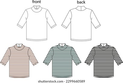 striped high collar top drawing, 3-4 sleeve length, slim fit,
Can be used with line variant, white flat template drawing.
female fashion top technical drawing