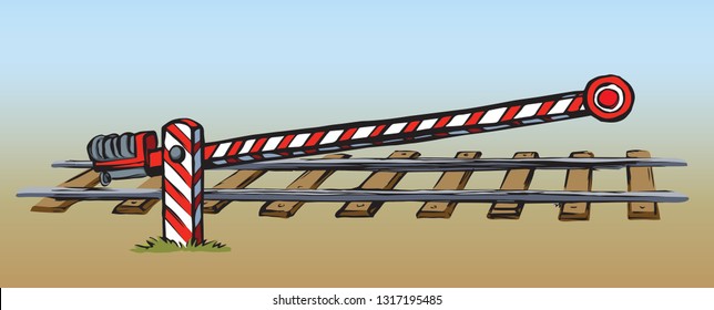 Striped highway crossroad access hurdle post on blue sky backdrop. Bright red color line hand drawn regulation hazard border logo pictogram emblem in retro art doodle cartoon style on space for text