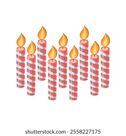 Striped holiday candles with flame on a white background. Vector.