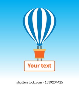 Striped hot air balloon in the blue sky. Blue and white stripes of a balloon dome. Orange basket. Banner for text under the basket. Symbol of positive energy, serenity, travel, lightness, creativity.