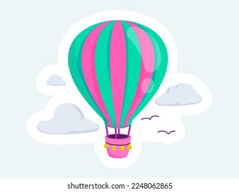 Striped hot air balloon flying in sky. Air transport for entertainment. Vector illustration in cartoon sticker design