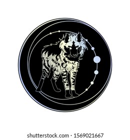 Striped hyena (Hyaena hyaena) on abstract background with circles. Vector illustration.