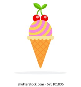 Striped ice cream ball in waffle cone with cherry twig vector flat material design isolated on white