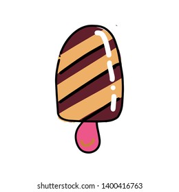 Striped Ice Cream Choc-ice Sketch. Hand drawn cartoon isolated illustration on a white background. Sweet delicious cold dessert ice lolly food, snack. Stylized drawing cartoon Line art. Doodle.