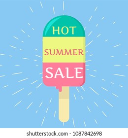 Striped ice cream on the background of the rays. Summer Sale. Flat , vector illustration.