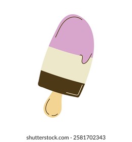 Striped Ice Cream on Stick. Doodle. Cold summer dessert with Layers of different Flavors. Frozen sweet food. Tasty milky sweetness. Flat style. Isolated. Colored childish image. Vector illustration