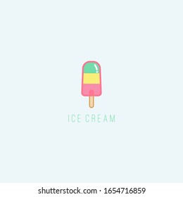 Striped Ice cream or Popsicle or frozen ice. Summer dessert. Minimalistic Icon. Colored vector logo. Cartoon style, simple flat design. Trendy illustration. Icon is isolated on a blue background