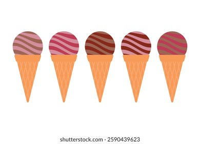 Striped ice cream scoop and waffle cone. Ice cream icons set. Isolated vector illustration in flat style.