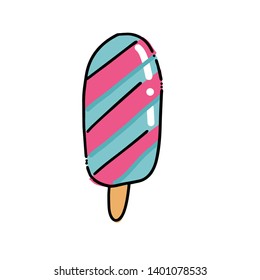 Striped Ice Cream in waffle cone Sketch. Hand drawn cartoon isolated illustration on a white background. Sweet delicious cold ice lolly dessert food, snack. Stylized drawing cartoon Line art. Doodle.