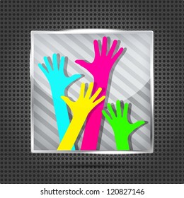 striped icon with happy hands on the metallic background