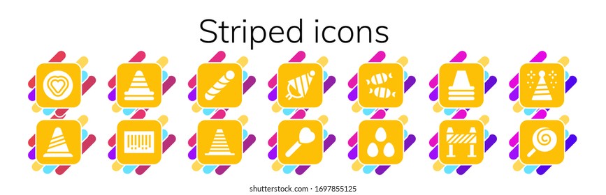 striped icon set. 14 filled striped icons.  Simple modern icons such as: Candy, Cone, Barcode, Stick candy, Party hat, Lollipop, Candies, Barrier
