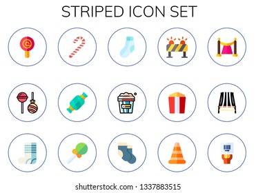 striped icon set. 15 flat striped icons.  Collection Of - lollipop, candy cane, candy, sock, popcorn, barrier, beach chair, socks, cone, barcode
