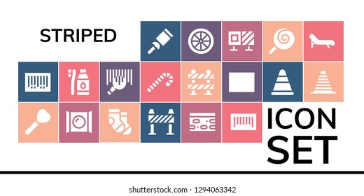  striped icon set. 19 filled striped icons. Simple modern icons about  - Candy, Barcode, Lollipop, Socks, Barrier, Nougat, Tooth Brush, Candy cane, Cone, Roadblock, Deck chair