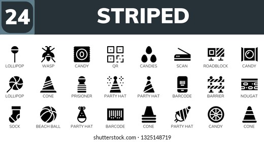 striped icon set. 24 filled striped icons.  Simple modern icons about  - Lollipop, Wasp, Candy, QR, Candies, Scan, Roadblock, Cone, Prisioner, Party hat, Barcode, Barrier, Nougat