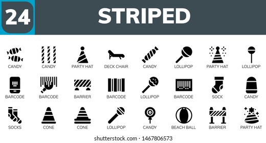 striped icon set. 24 filled striped icons.  Simple modern icons about  - Candy, Party hat, Deck chair, Lollipop, Barcode, Barrier, Sock, Socks, Cone, Beach ball
