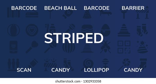  striped icon set. 32 filled striped icons. on blue background style Simple modern icons about  - Barcode, Beach ball, Barrier, Scan, Candy, Lollipop, Tooth Brush, Socks, Party hat