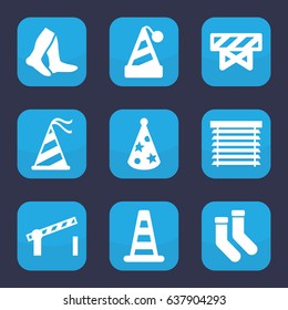 Striped icon. set of 9 filled striped icons such as cone barrier, barrier, socks, party hat, window shutter