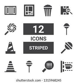 striped icon set. Collection of 12 filled striped icons included Scan, Barcode, Lollipop, Cone, Traffic cone, Mondrian, Popcorn