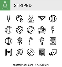 striped icon set. Collection of Cone, Lollipop, Beach ball, Candy, Shawl, Barrier, Candy canes, Air balloon, Fingerprint, Earth grid, Qr code, Socks icons