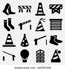 Striped icons set. set of 16 striped filled icons such as barrier, cone barrier, shutter blinds, socks, cone, party hat, window shutter, road barrier