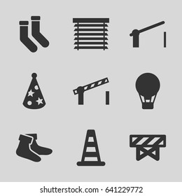 Striped icons set. set of 9 striped filled icons such as cone barrier, barrier, socks, party hat, window shutter, road barrier