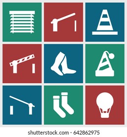 Striped icons set. set of 9 striped filled icons such as barrier, socks, cone, window shutter, road barrier, party hat