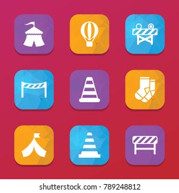 Striped icons. vector collection filled striped icons set.. includes symbols such as cone barrier, road barrier, circus, hot air balloon. use for web, mobile and ui design.