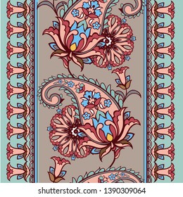 Striped Indian seamless pattern. Colorful  floral border with paisley. Decorative ornament for fabric, textile, wrapping paper. Traditional oriental  paisley pattern. 