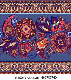 Striped Indian seamless pattern. Colorful ornamental border. Decorative ornament for fabric, textile, wrapping paper. Traditional oriental seamless paisley pattern. 