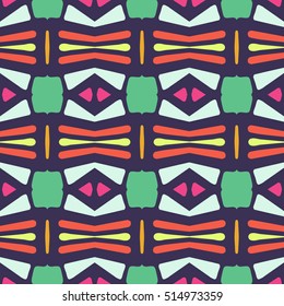 Striped indian seamless pattern, ethnic tribal motifs, zigzag lines, brushstrokes paint in bright colors. Repeating geometric mesh tiles.