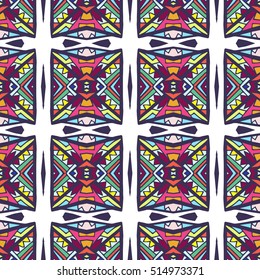 Striped indian seamless pattern, ethnic tribal motifs, zigzag lines, brushstrokes paint in bright colors. Repeating geometric mesh tiles.
