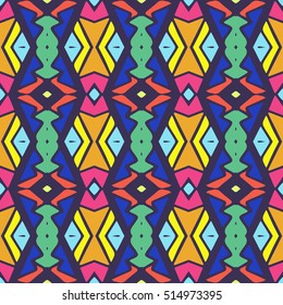 Striped indian seamless pattern, ethnic tribal motifs, zigzag lines, brushstrokes paint in bright colors. Repeating geometric mesh tiles.