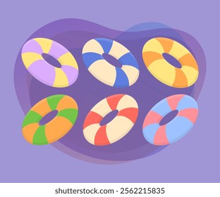 Striped inflatable rings for swimming vector illustrations set. Collection of cartoon drawings of rubber lifebuoys on purple background. Equipment, summer, safety concept