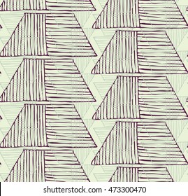 Striped inked rough half hexagon braid on green.Seamless pattern. Hand drawn seamless background.