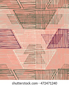 Striped inked rough half hexagons on orange.Seamless pattern. Hand drawn seamless background.