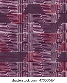 Striped inked rough half hexagons on red.Seamless pattern. Hand drawn seamless background.