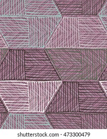 Striped inked rough hexagons on red.Seamless pattern. Hand drawn seamless background.