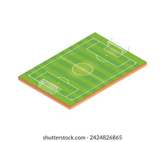 Striped isometric football pitch with football goals and corner flags